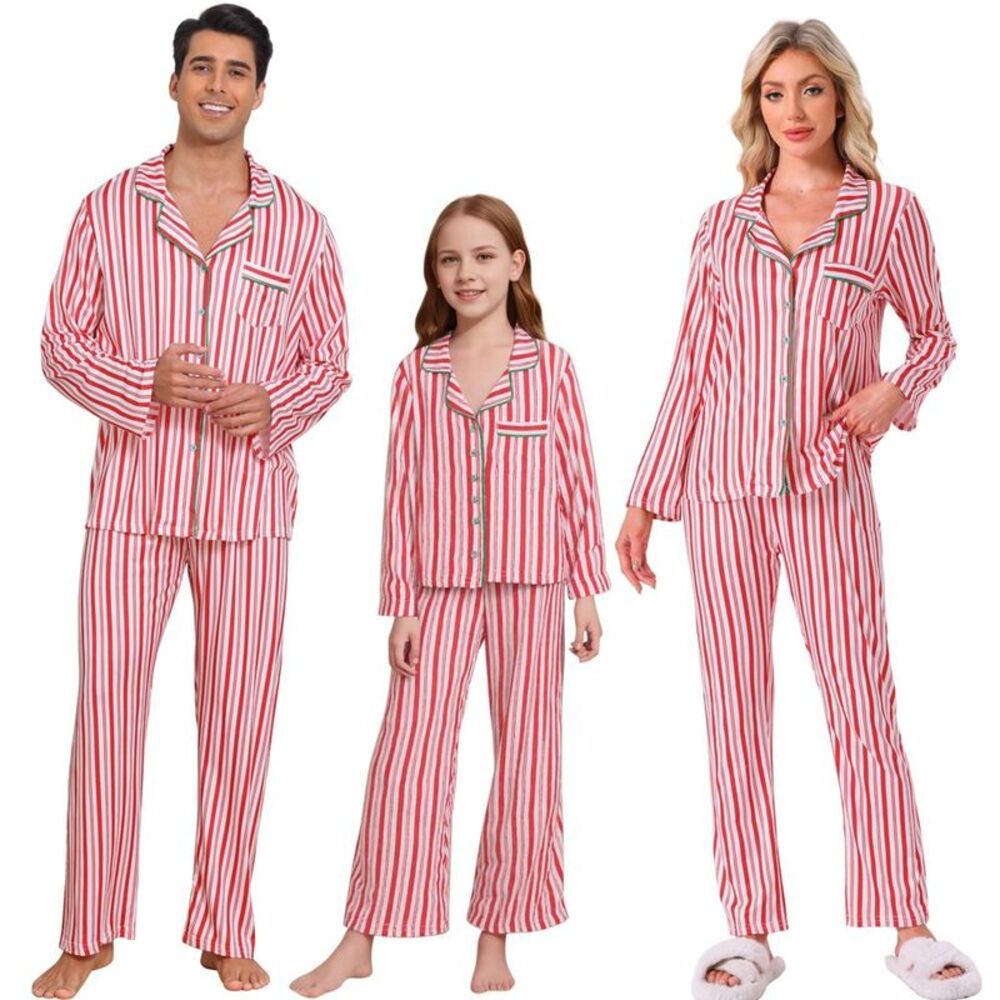 Family Christmas Matching Pajamas Set Button Down Long Sleeve Top & Pants
